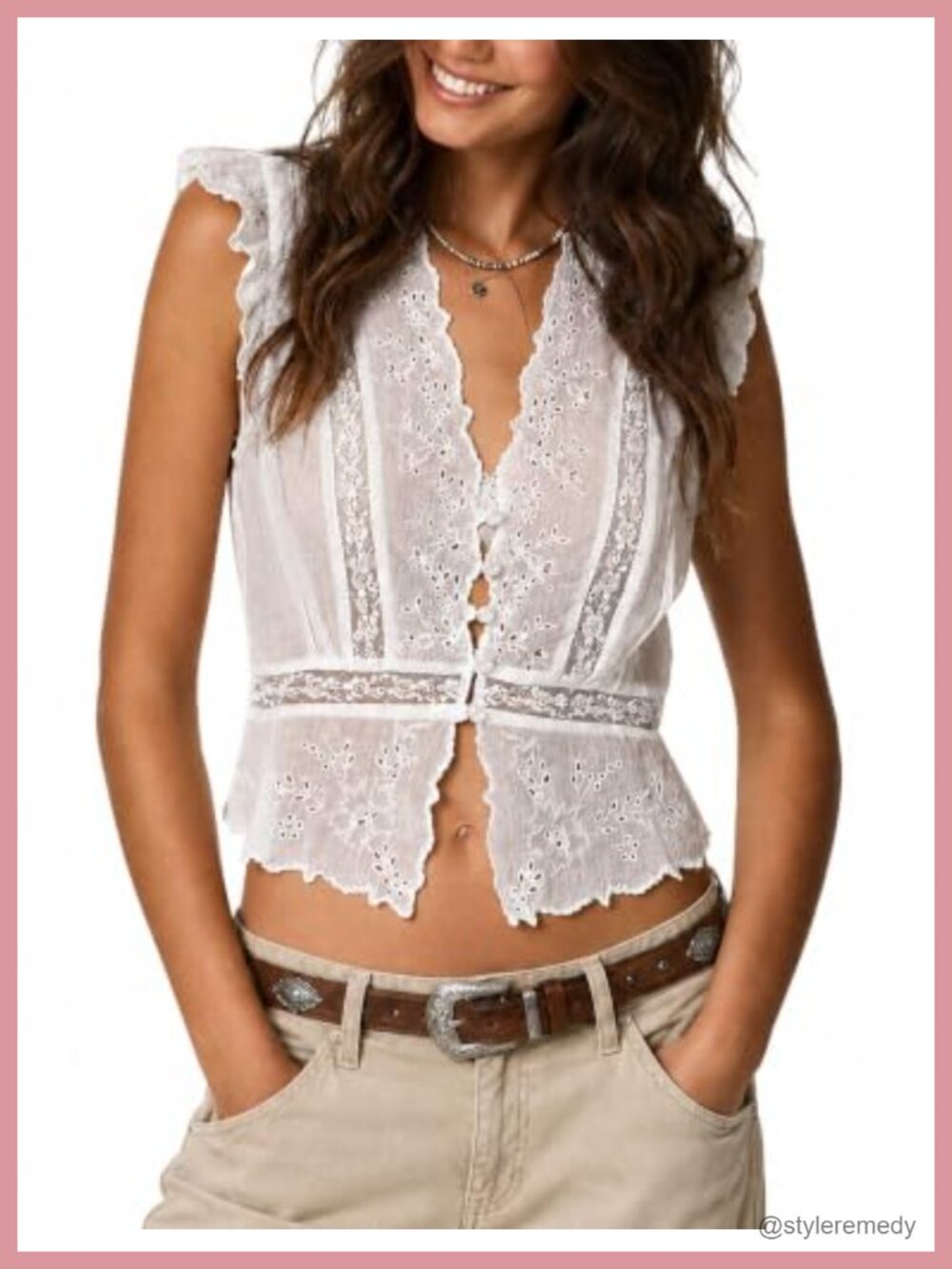 Boho Lace Eyelet Ruffle Sleeve Tank Top Button Down Summer Cotton